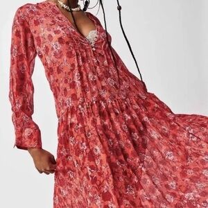 FREE PEOPLE See It Through Dress In Coral Combo 🪸 NWOT S